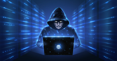 Wall Mural - Hacker. Cyber criminal with laptop and server room behind it. Cyber crime, hacker activity, ddos attack, digital system security, fraud money