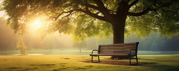Wall Mural - Sunrise in serene park. Tranquil nature landscape. Morning glory. Nature splendor in sunlit. Summer sunshine and lush greenery
