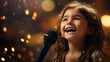 © © Ai Factory - Little girl singing into a microphone at a concert in the evening.