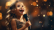 © © Ai Factory - Little girl singing into a microphone at a concert in the evening.