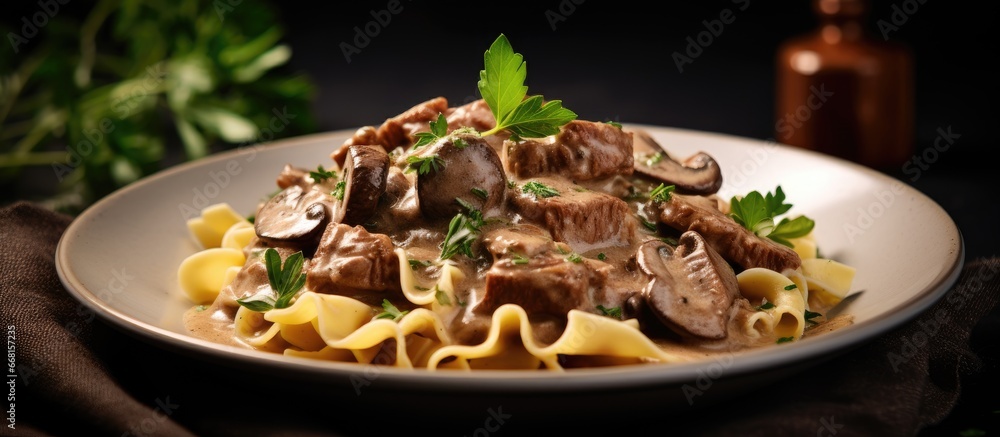 Beef Stroganoff dish with beef mushrooms onions cream sauce on farfalle ...