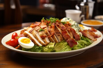 Wall Mural - Appetizing Cobb salad. Traditional American cuisine. Popular authentic dishes. Background with selective focus