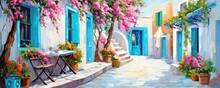 Painting Style Illustration, Beautiful Mediterranean House Courtyard With Pink Bougainvillea And Chair Table Set, Generative Ai