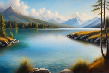 Sticker - An oil pastel painting of a serene lakeside scene with distant mountains, capturing the essence of Albert Bierstadt, soft pastels, tranquil atmosphere.