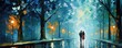 © QuietWord - painting style illustration, two man and woman walking together in night park, Generative Ai