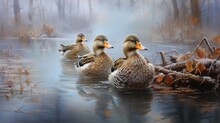A Family Of Ducks Swimming On A Partially Frozen Pond, Transitioning From Autumn To Winter.