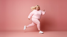 Full Length Portrait Of A Happy Plus Size Woman In Pink Clothes Running Isolated Over Pink Background