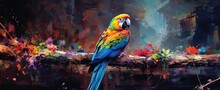 Painting Style Illustration, A Macaw Bird On Tree Branch Looking Back, Generative Ai