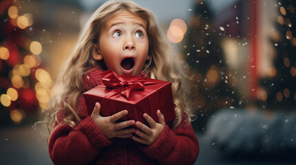 Wall Mural - Surprised girl holding a red gift box on the street on Christmas Day.