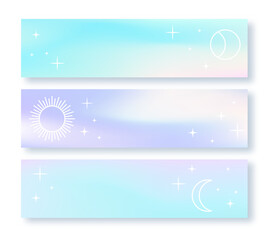 Sticker - Creative banners or horizontal posters collection. Fluid gradient background set with geometric moon, stars