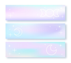 Wall Mural - Creative banners or horizontal posters collection. Fluid gradient background set with geometric moon, stars