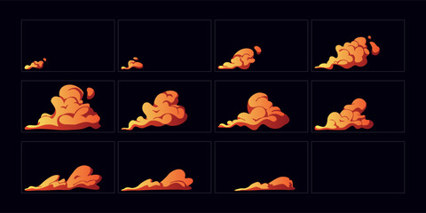 Wall Mural - Set of fire flames. Fire explosion sprites frame loop animation for cartoon, video game, motion graphic. Vector editable illustration art.