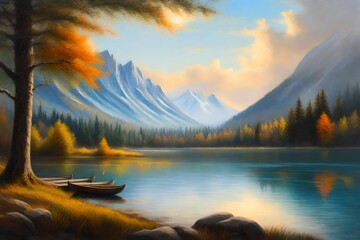 Sticker - An oil pastel painting of a serene lakeside scene with distant mountains, capturing the essence of Albert Bierstadt, soft pastels, tranquil atmosphere.