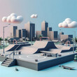 arafed skateboard park with a skateboard ramp and a few clouds Generative AI