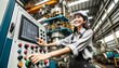 © Eduardo - Joyful Asian woman engineer engaging with machine interface in industrial setting