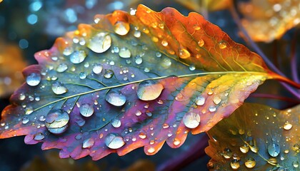 Canvas Print - Dew drops on a Colorful leaf