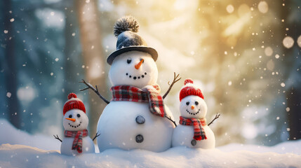  Smiling Snowman Family in Wintertime. Christmas and New Year concept.