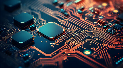 Close-up of a vibrant circuit board with microchips and electronic components, showcasing the intricate design of modern technology.