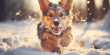 Puppy Of German Shepherd Running On The Snow Outdoors.