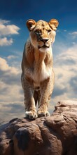 A Powerful Lion Standing Confidently On Top Of A Rock. 