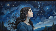 Creatively Oldest Paint Art Of A Young Woman In Night Sky With Stars Background. 