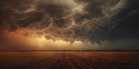 Wall Mural - A powerful lightning storm illuminates a vast field, creating a dramatic and electrifying scene. 