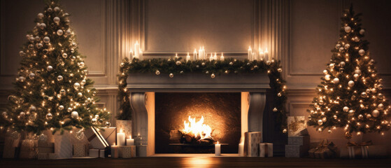 Christmas living room with fireplace, Christmas tree and gifts.