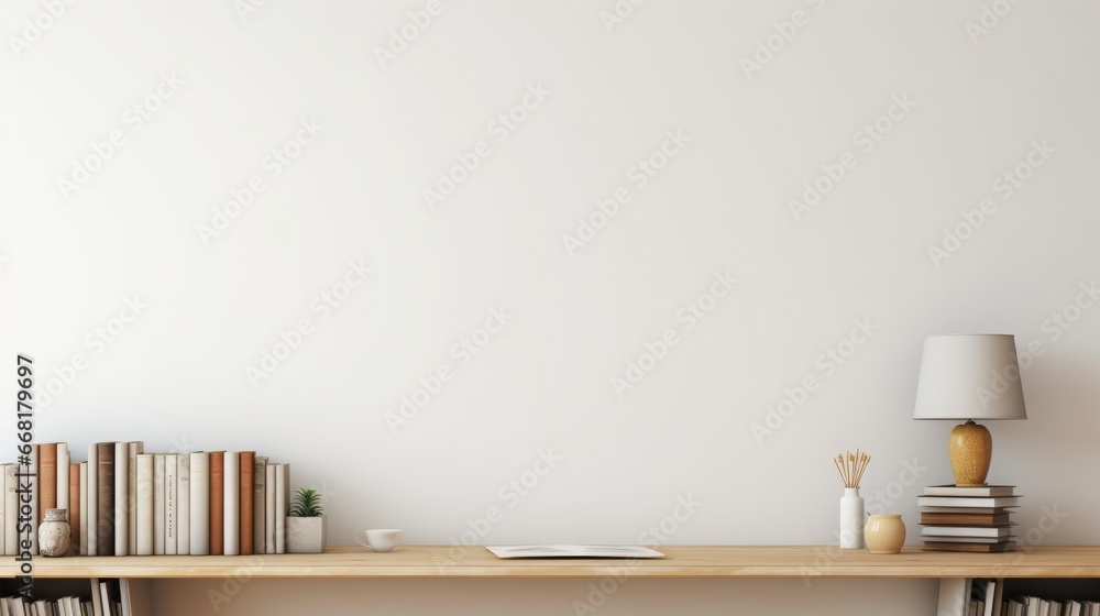 Empty Working Table Workspace - office table, empty desk with books and supplies against ...