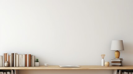 Workspace - office table, empty desk with books and supplies against the white wall, copy space for text or product showcase