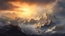 A Snow-covered Mountain Range At Dawn, With The Sun's Golden Light Breaking Through The Clouds.