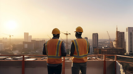 Back view of two male developers wearing hardhats standing on rooftop and talking about apartment facades,Generated Ai