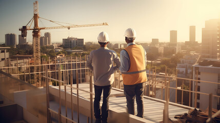 back view of two male developers wearing hardhats standing on rooftop and talking about apartment fa