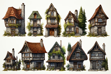 Wall Mural - Village buildings 2d rpg style view on transparent background 