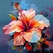 A pixelated composition of an abstract pixelated hibiscus, with large, showy pixelated blooms in vibrant colors.