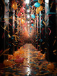 Riesiger Ballsaal grandios für Fasching und Karneval mit Luftschlangen und Luftballons geschmückt, ai generativ