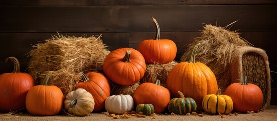 Wall Mural - Autumn still life with pumpkins in hay