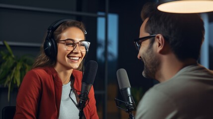 Wall Mural - Happy female record a podcast with headphones smiling and looking on male guest while interviewing for online show in studio.