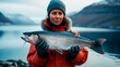 A woman is posing with a large atlantic salmon in her hands. AI Generated