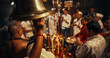 Hindu Religious Ceremony Traditions: of Group of Indian People Giving Offerings and Ringing Bells at an Altar During Shiva Aarti Ritual in a Temple. Devoted Hindu Indian Worshipers Praying