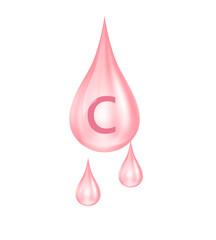 Structure vitamin C drop water collagen pink.. Medical and scientific concepts. Beauty treatment nutrition skin care design. Chemical formula nature. Isolated on cut out PNG.	