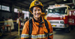 Firefighter portrait on duty. Photo of happy Asian fireman with gas mask and helmet near fire engine
