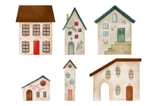 Watercolor Set Of Vintage Old Buildings Isolated On The White Background. Digital Watercolor Illustration