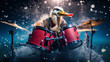 Goose playing drums, splashing water and bright colors. Generative AI