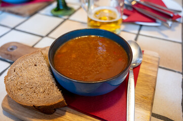 Wall Mural - German food, thick, rich goulash meat soup served hot in bowl in old German cafe in countryside