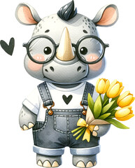 Poster - Cute rhino character holding bouquet of flowers illustration created with Generative AI technology