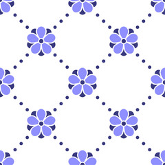 Wall Mural - Blue flowers on white dotted background. Vector seamless pattern. Best for textile, wallpapers, home decoration, wrapping paper, package and web design.
