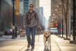 An adult blind man crossing a city street with the assistance of his loyal guide dog, a labrador.
