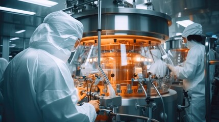 Leinwandbilder - Technicians collaborates to oversee and maintain the automated production lines at industrial pharmaceutical factory.
