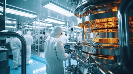Leinwandbilder - Technicians collaborates to oversee and maintain the automated production lines at industrial pharmaceutical factory.