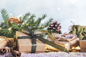 Wall Mural - christmas gift zero waste, eco friendly hand made box packaging gifts in kraft paper wooden table, e
